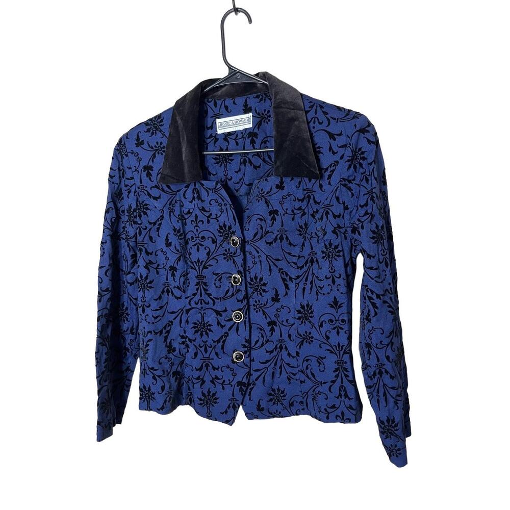 JESSICA HOWARD Womens Medium Blue Black Floral Velvet Collar Vintage Blazer